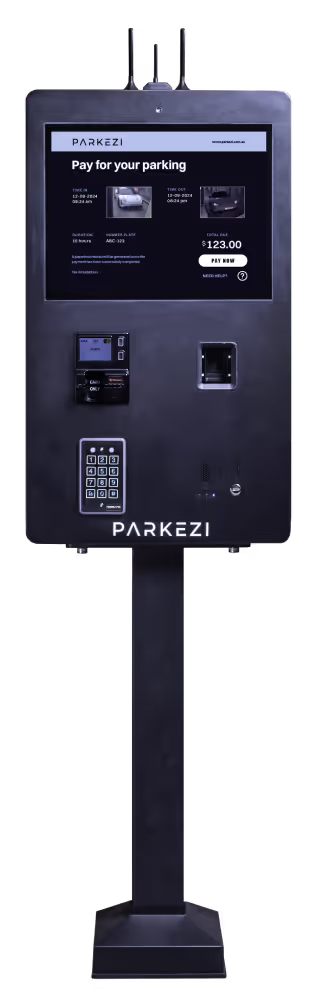 A black parking payment machine with a screen, keypad, card slot, and cash slot.