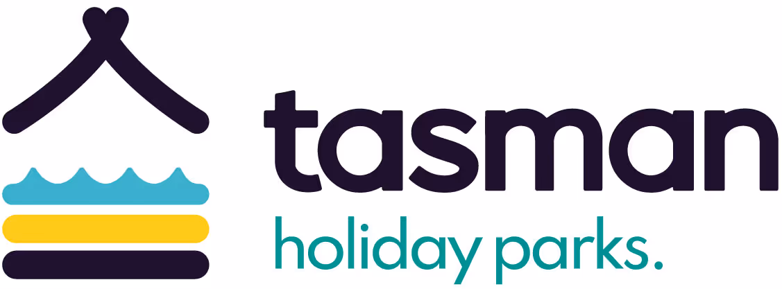Logo for Tasman Holiday Parks, featuring a stylized house and water, with text below.
